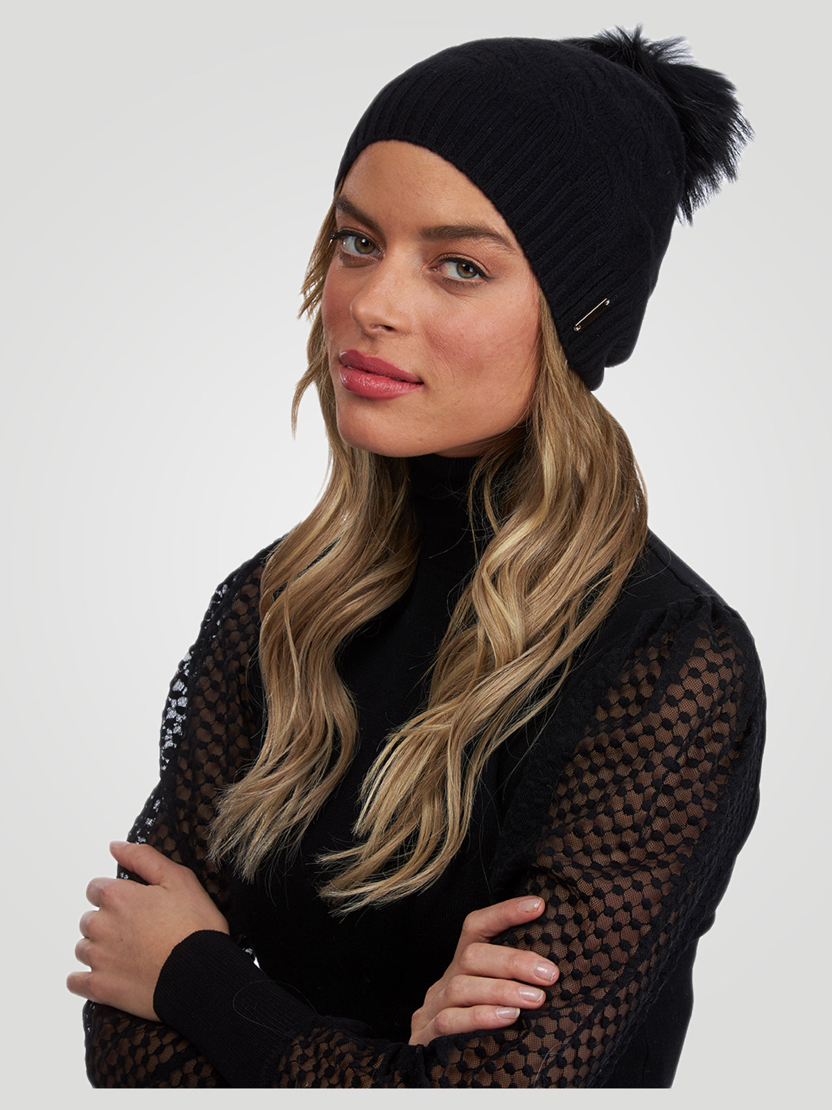 Knit Hat with Silver Fox Pompom